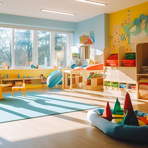 vue d'un espace dans une crèche où des matériaux absorbants permettent d'améliorer la qualité acoustique