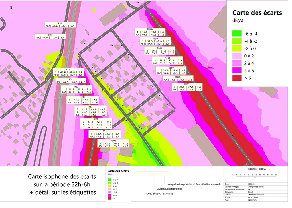 Cartographie illustrant les écarts entre l’état acoustique initial et l’état acoustique projeté